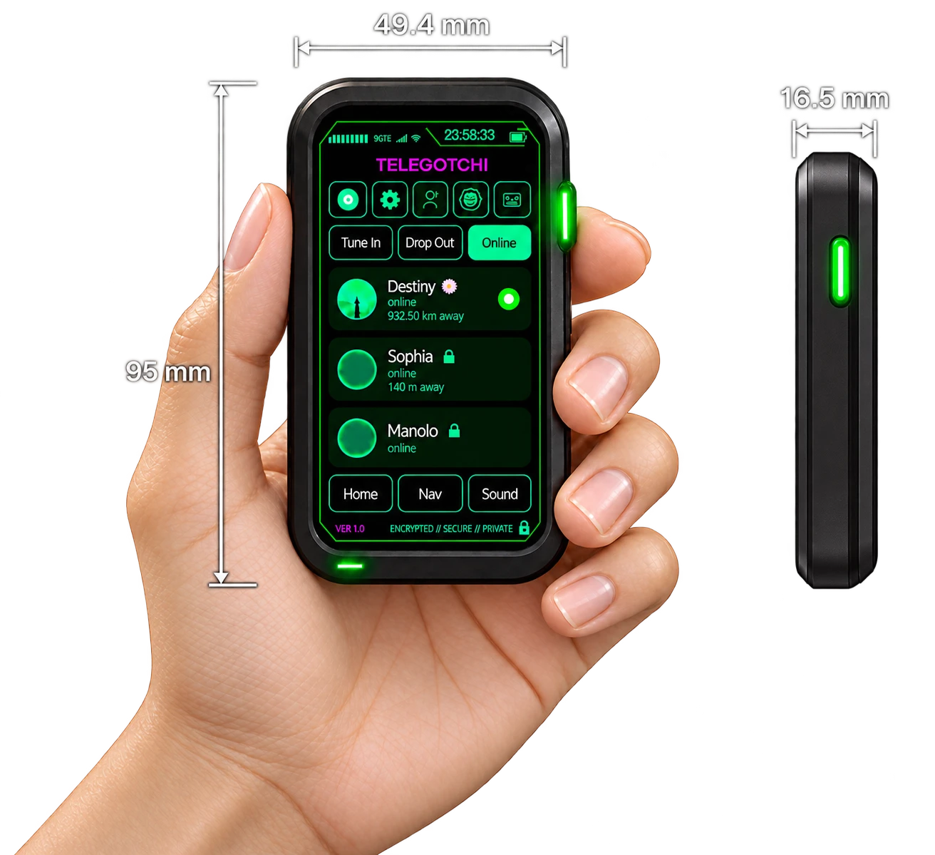 Telegotchi held in one hand, showing its home screen, with its size marked: 95 mm tall, 49.4 mm wide, 16.5 mm thick.